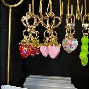 Gold Heart Keychains with Strawberry and Heart Charms
